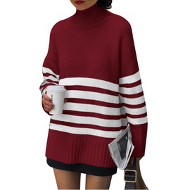 PRETTYGARDEN Women's Oversized Striped Turtleneck Sweaters 2025 Fall Fashion Long Sleeve Pullover Winter Chunky Knit Jumper Tops (Wine Red,X-Large)