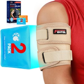 FEATOL Bicep Tendonitis Brace with 2 Gel Ice Packs, Hot & Cold Therapy Upper Arm Brace Tricep Compression Sleeve Support for Men and Women, Beige, Large