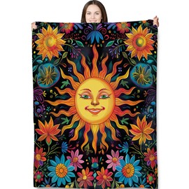 Turamurra Sun and Moon Blanket Gifts for Women Celestial Bloom Bohemian Flannel Throw Blankets for Bedding Couch Soft Lightweight Warm Cozy Throws Travel Decor 50x60in