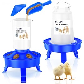 Top Filling Chick Feeder and Waterer Kit with Scoop, 3.3LBS Chick Feeder and 0.4Gal Chick Waterer with 3 Heights Adjustable Legs for Chicks