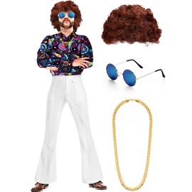 Eurzom Disco Costume Set Including Men's Disco Shiny Shirt Pant Funky Afro Wig Necklace Sunglasses for 60/70/80/90s Party