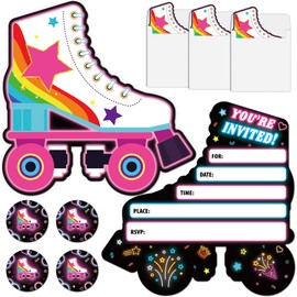 Lonfliness 30pcs Neon Roller Skating Birthday Party Invitations Skate Invitation for Boys Girls Kids Glow Skating Birthday Party Invite Decorations Supplies Favors 30 Cards with Envelopes and Stickers
