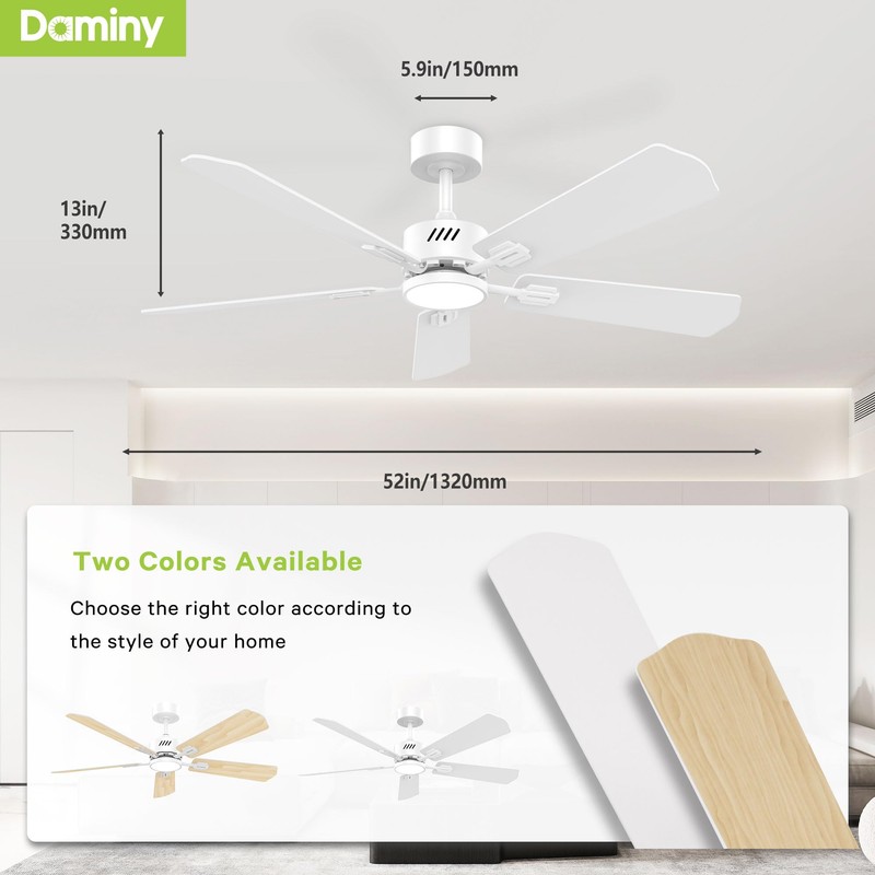 DAMINY 52 inch Ceiling Fan with Light,6CCT,5 Blade,Low Profile Ceiling