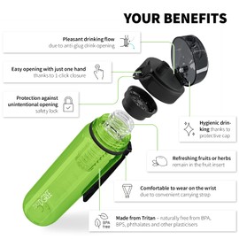 720°DGREE Water Bottle “uberBottle“ - 650 ml crystalClear +Fruit-Infuser - BPA-Free Tritan, Leakproof, Reusable Drinking Bottle - Sports Bottle for Gym, School, Fitness, Cycling, Travel, Office