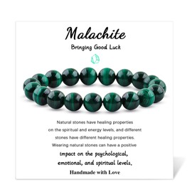 RUIQLXHANG Natural Gemstone Bracelet 10mm Malachite Beaded Bracelets Gemstone Beads Bracelets Healing Bracelets for Women Men and Teens Comes with Bonus Box and Card