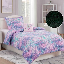 Wink Deer Full Size Comforter Set for Girls-4 Pieces Mermaid Glow in The Dark Full Bedding Sets for Kids, 1 Comforter, 2 Shams and 1 Decor Pillow