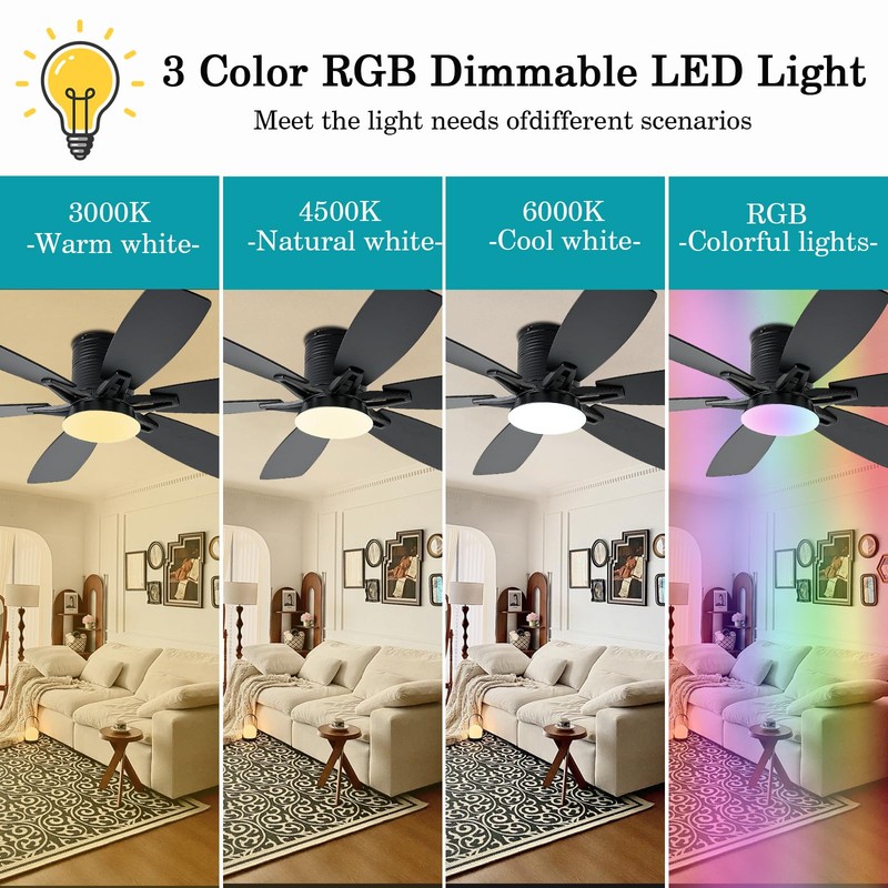 52inch Black Ceiling Fans with Lights and Remote/App Control, Low