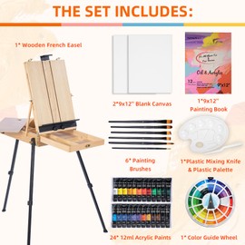 Falling in Art Artist Painting Set with French Easel, 37Pcs Professional Easel Kit with Canvas, Paintbrush, Paints Suitable for Adults, Artists and Beginners, Natural