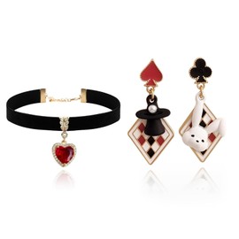 JAVARNV Queen Costume Jewelry Set Black Choker Necklaces Rhinestone Blood Heart Earrings Pearl Drop Earrings Red Heart Charm Necklace