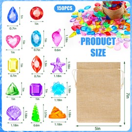 MARFOREVER 150 Pcs Pool Diving Gems Acrylic Seashell Gemstones Pirate Treasure Jewels with a Burlap Bag for Vase Filler Summer Beach Toys Home Decor Party Favors