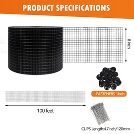 GANG HAO Solar Panel Bird Guard Mesh| 8in x 100ft Black PVC Coated Heavy Duty Galvanized Mesh Roll,70pcs Stainless Steel Clips Fasteners,Critter Guard Roll Kit for Solar Panel