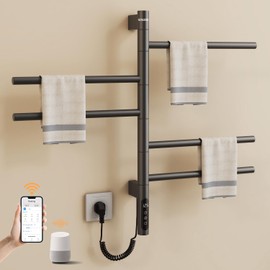 ENZE Smart Rotating Heated Towel Rack for Bathroom, Wall-Mounted Electric Towel Dryer with Swivel Bars, Smart Timer, Low Carbon Steel, IPX5, Plug-in/Hardwired, Towel Warmer with Wi-Fi App Control