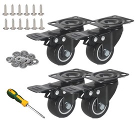 2.5" Heavy Duty Swivel Casters With Brake - Locking Wheels With Screws and Tool, No Noise Polyurethane Castors for Cart and Furniture - Black 4-Pack