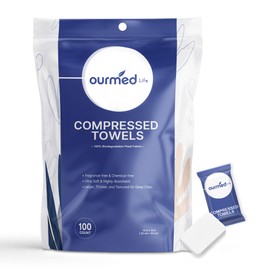Ourmed Life Compressed Towel Tablets, Individually Wrapped Disposable Face Towels, Quick-Expand with Water, Soft & Lint-Free, 12"x10" Travel Washcloths for Camping,Hiking & Backpacking (100 Count)