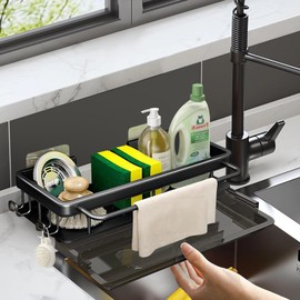 ELUBLU Sink Organiser, Sink Organiser Slim with Self-Draining Drain Tray for Sponge Holder, Towel Holder, Dish Cloth Holder, Sink Organiser for Kitchen and Bathroom (Black)