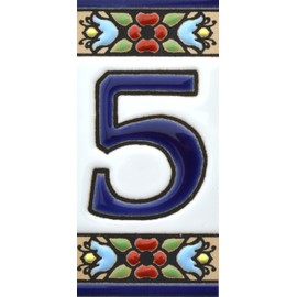 House Number Signs with Numbers and Numbers on Ceramic Tile Hand-Painted Cord Technique for Signs with Names, Addresses and Signposts Design Flowers Mini 7.3 cm x 3.5 cm (Number FUNF "5")