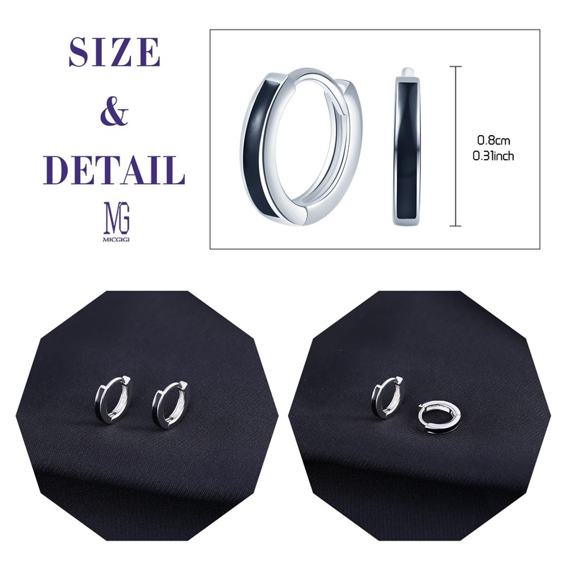 MICGIGI Women's 925 Sterling Silver Earrings 8 mm Diameter Black