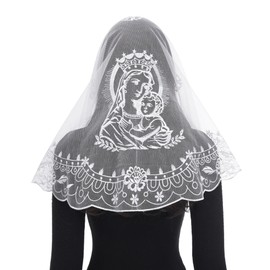 Bozidol Church Catholic Veils for Women, White D Shape Blessed Virgin Mary and Child Embroidered Lace Mantilla Chapel Veil, Latin Mass Prayer Head Coverings with Clips