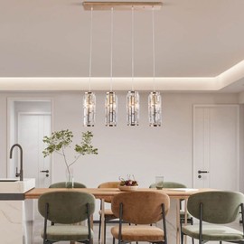 Fetcoi 4-Light Pendant Lighting Over Island, Adjustable Modern Mini Crystal Pendant Light Fixture for Kitchen Island Restaurant, Dining Room (Gold)