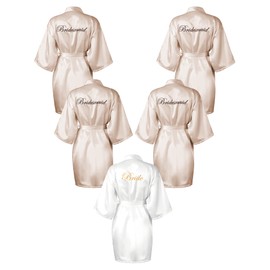 5 Pcs Kimono Robe for Bridesmaid Bride Women Wedding Party Getting Ready Short Robe Bride Robe Embroidered Bridal Party Robes (White, Champagne, Large)