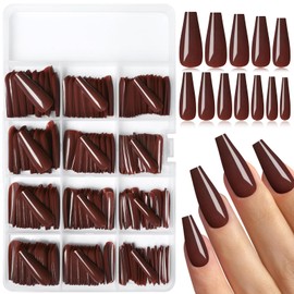 Bellelfin 240Pcs Long Press on Nails Coffin Nails Press ons, Burgundy Glue on Nails Solid Color Long Fake Nails Full Cover Artificial Acrylic False Nails for Women Girls Fingernails Design