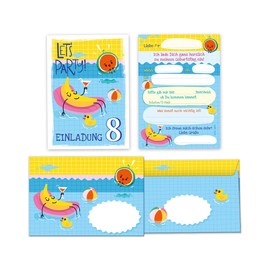 Minkocards 12 Invitation Cards for 8th Children's Birthday Swimming Pool Swimming Boys Girls Invitation Eighth Birthday Including 12 Envelopes, 12 Party Bags / Natural, 12 Stickers
