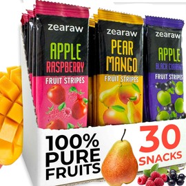 ZEARAW Healthy Fruit Snacks for Adults and Kids – 30 Organic Fruit Leather with Dried Black Currant, Pear-Mango, Apple-Raspberry – Vegan Low-Carb Variety Pack Strips for Kids – Sugar Free Bars