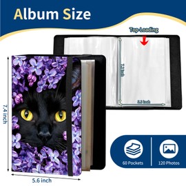 Photo Album 5x7 Inch 60 Pockets,PU Leather Cover with Elastic Band,Waterproof PP Pages for Wedding Albums,Baby Memory Books & Family Archives,Black Cat Purple Flower