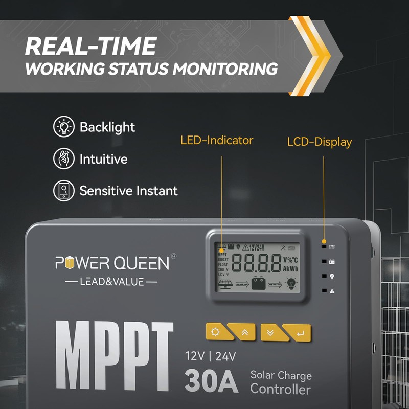Power Queen 12/24V 30 Amp MPPT Solar Charge Controller with