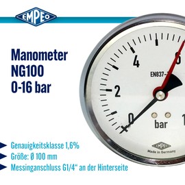 EMPEO by Messbo Pressure Gauge, NG 100 0-16 bar, 100 mm Diameter, G1/4 Inch Connection at the Rear, Tube Spring Manometer, Steel Housing, Black