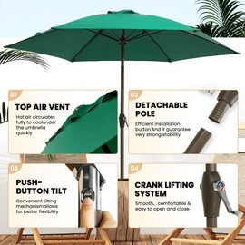 Ayge 7.5FT Large Outdoor Patio Umbrella Market Table Umbrella-UV Resistant, Easy Push Button Tilt and Crank, 6 Sturdy Fiberglass Ribs Heavy-Duty Pool Umbrella for Deck, Backyard,Garden, Yard,Green