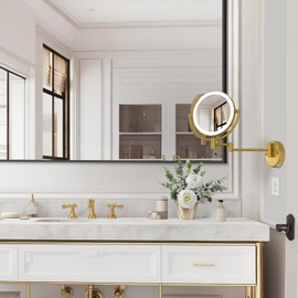 8" Wall Mounted Lighted Makeup Mirror with Magnification Rechargeable, 1X/10X Double Sided, 3 Color Lighting Touch Dimmable 360 Swivel Extendable Arm Vanity Shaving Mirror, Brushed Moderne Brass