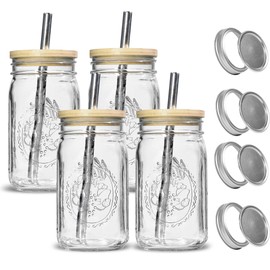 4Pack 32oz Vintage Mason Jars with Bamboo Lids, Wide Mouth Glass Mason Cup with Lids and Straw, Iced Coffee Cup for Juice Milkshake Tea