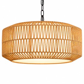 Lovefindahome Large Handwoven Rattan Pendant Light, Boho Wicker Chandelier for Dining Room & Kitchen Island, Dimmable Hanging Ceiling Lamp with Warm White, Cool White & RGB Ambient Lighting, 21.7"