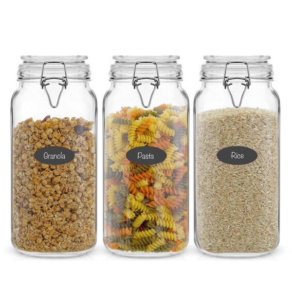 Airtight Glass Jars with Lids Set of 3. 78oz Glass Jar with Lid and 6 Silicone Seals! Large Glass Food Storage Containers. Square Mason Jar for Candy, Flour, Pasta Containers for Pantry