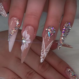 BABALAL Stiletto Press on Nails Long Fake Nails White Glue on Nails Rhinestone Luxury Jewel Acrylic Nails 24Pcs Flower Coquette False Nails Manicure Glossy Bling Almond Handmade Stick on Nails