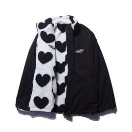 Sumleno Women's Fleece Sherpa Jackets Reversible Kawaii Heart Print Fuzzy Zip Up Cutecore Coats Aesthetic Y2k Gyaru Clothes (Black,L)