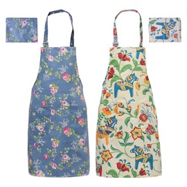 Pack of 2 Adjustable Cooking Aprons, Women's Cotton Linen Apron with Large Pockets, Floral Bib Apron for Cooking, Baking, Gardening & Cafe, Beautiful Apron with Neck Strap, Chef Aprons for Unisex,