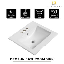 20"W x 18"D Drop In Bathroom Sink Rectangular, Los Flexi 20 Inch White Ceramic Vanity Sink with 4-in Centerset & Overflow, 3 Faucet Holes, Modern Bathroom Vessel Sink for Vanity Top