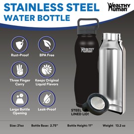 Healthy Human Stainless Steel Curve Water Bottle | 100% BPA Free Thermos for Kids & Adults | Vacuum Insulated Water Bottles | Metal Bottles with Leak Proof Lid (21 oz/ 621 ML, Pure Black)