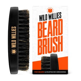 Wild Willies Beard Brush For Men. With Natural Boar Bristles for Professional Beard and Mustache Grooming. Beautifully Engraved, Small Travel Size & Ergonomically Designed Holder. No More Hair Tangle!