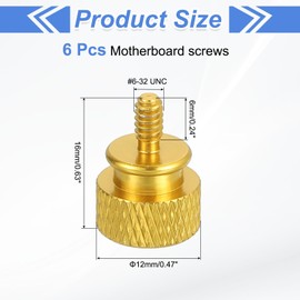 sourcing map 6Pcs #6-32 UNC Aluminum Thumb Screws, 12x16mm(ODxH) Computer Case Thumb Screws for PC Side Panel Motherboard Mounting Screw, Gold