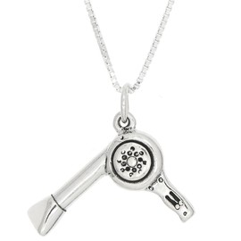 LGU Sterling Silver Oxidized Three Dimensional Hair Dryer Blow Dryer Necklace (24 Inches)