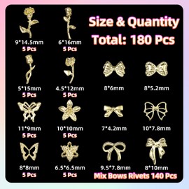180 Pcs Metal Golden 3D Flower Rose Butterfly Nail Charms, Alloy Bow Bowkont Nail Studs Charms, Golden Butterfly Flower Nail Charms for Acrylic Nails, Gold Bows Nail Jewelry for Nails DIY Y2K