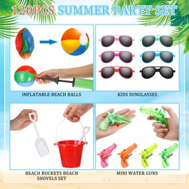 Threan 120 Pcs Pool Beach Party Favors End of Year Gifts for Students Include Beach Balls Sand Buckets Shovels Sunglasses Water Gun Bulk for Ages 3 4 5 6 7 8 Summer Party Supplies Outdoor