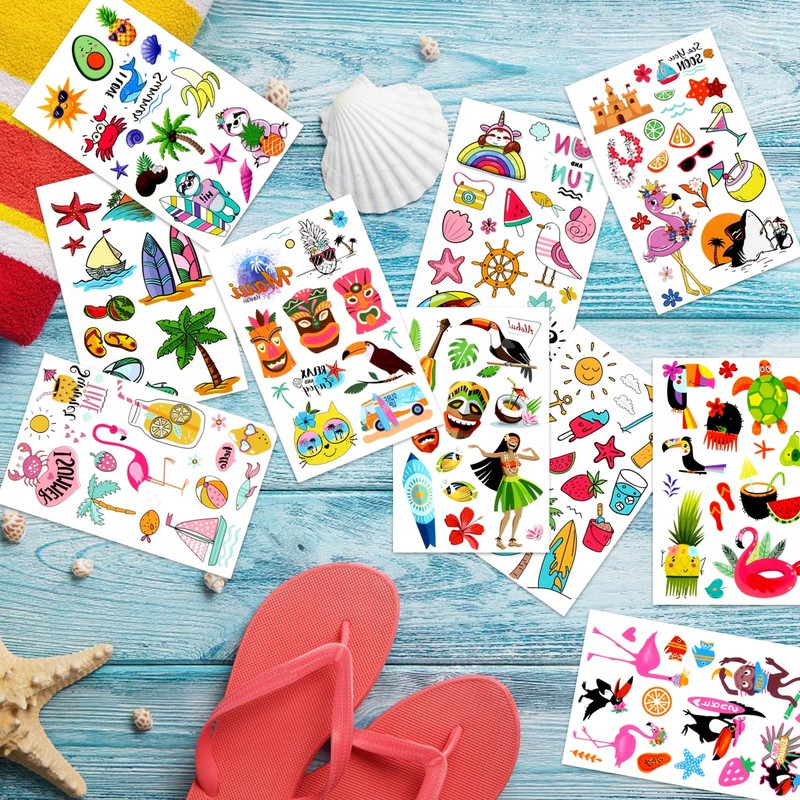 LOMIMOS 138pcs Hawaiian Luau Themed Temporary Tattoo,Tropical Summer Beach Pool