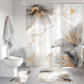 Cinbloo 4Pcs Black and Gold Shower Curtain Set, Fashion Abstract Modern Floral Bathroom Curtain with Rug, Toilet Lid Cover, Bath Mat, Women Ombre Texture Luxury Botany Shower Curtain with 12 Hooks