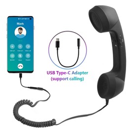 Vintage Retro Telephone Handset, Radiation Proof Cell Phone Receiver MIC Microphone for Cellphone Smartphone, 3.5 Mm Socket with USB C (Black)