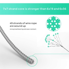 Wire Rope, 1/16 Steel Wire, Stainless Steel 304 Cable, 328FT Length Aircraft Cable with 100pcs Sleeves Stops, 7x7 Strand Core, 368 lbs Breaking Strength Perfect for Outdoor,Yard,Garden or Crafts