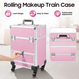 DDBESSIC Rolling Makeup Train Case Portable Large Storage Cosmetic Trolley Salon Barber Case with Key and Swivel Wheels Traveling Cart Trunk